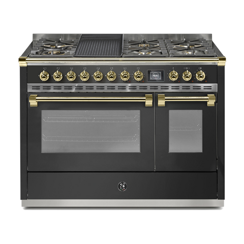 Steel Fornuis Ascot 120 - Gas Fornuis | AQ12SF | Model 2024-Fornuizen-Steel Cucine-6 PITS GAS + BAK/GRILLPLAAT (6B/6T)-Mat Antraciet-MESSING-Jones-Jansen