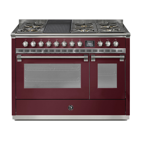 Steel Fornuis Ascot 120 - Gas Fornuis | AQ12SF | Model 2024-Fornuizen-Steel Cucine-6 PITS GAS + BAK/GRILLPLAAT (6B/6T)-Glanzend Bordeaux-NIKKEL-Jones-Jansen