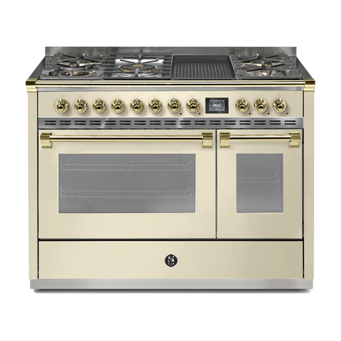 Steel Fornuis Ascot 120 - Gas Fornuis | AQ12SF | Model 2024-Fornuizen-Steel Cucine-5 PITS GAS INC. MEGA WOK + BAK/GRILLPLAAT (4BM/4TM)-Glanzend Creme / Crema-MESSING-Jones-Jansen