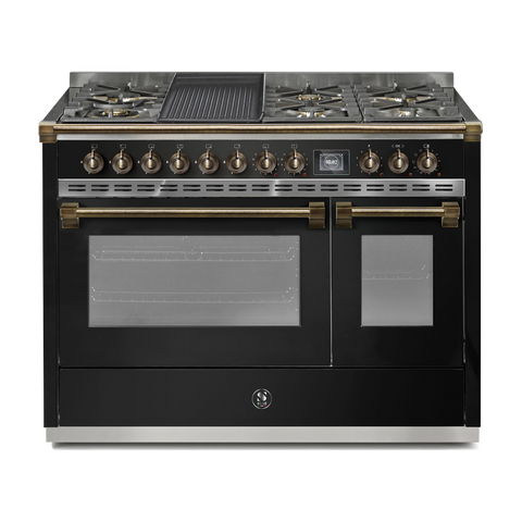 Steel Fornuis Ascot 120 - Gas Fornuis | AQ12SF | Model 2024-Fornuizen-Steel Cucine-6 PITS GAS + BAK/GRILLPLAAT (6B/6T)-Glanzend zwart / Nero-BRONS-Jones-Jansen