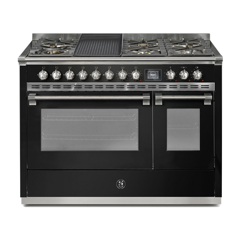 Steel Fornuis Ascot 120 - Gas Fornuis | AQ12SF | Model 2024-Fornuizen-Steel Cucine-6 PITS GAS + BAK/GRILLPLAAT (6B/6T)-Glanzend zwart / Nero-NIKKEL-Jones-Jansen