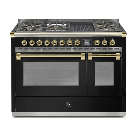 Steel Fornuis Ascot 120 - Gas Fornuis | AQ12SF | Model 2024-Fornuizen-Steel Cucine-5 PITS GAS INC. MEGA WOK + BAK/GRILLPLAAT (4BM/4TM)-Glanzend zwart / Nero-MESSING-Jones-Jansen