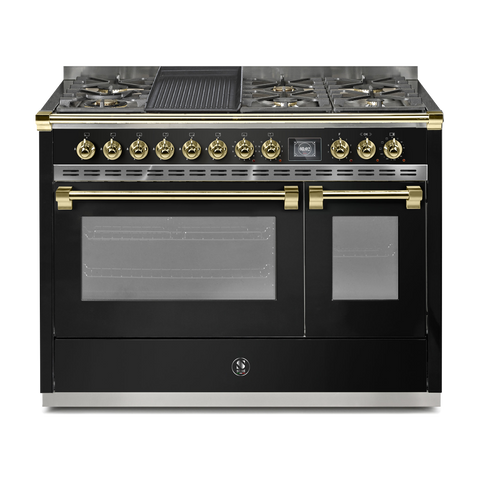 Steel Fornuis Ascot 120 - Gas Fornuis | AQ12SF | Model 2024-Fornuizen-Steel Cucine-6 PITS GAS + BAK/GRILLPLAAT (6B/6T)-Glanzend zwart / Nero-MESSING-Jones-Jansen