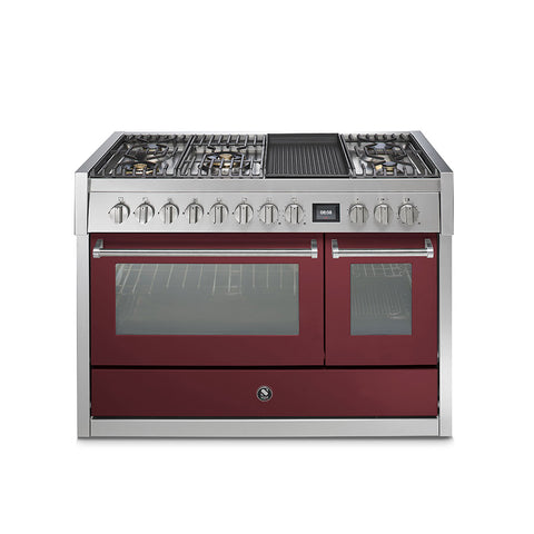 Steel fornuis Genesi 120 - Gas fornuis | GQ12SF | Model 2024-Fornuizen-Steel Cucine-5 PITS GAS MET MEGA WOK EN GRILLTOP (4BM)-Glanzend Bordeaux-Jones-Jansen