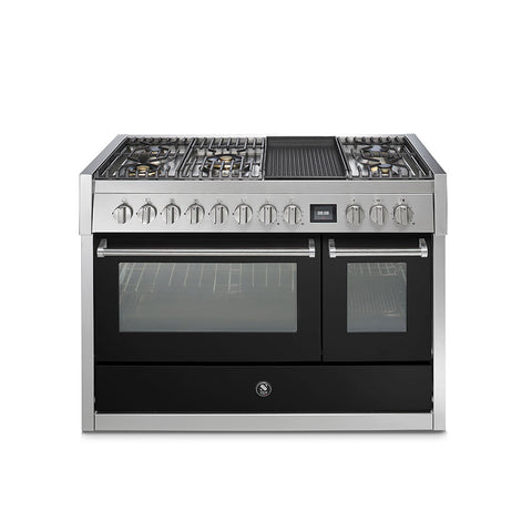 Steel fornuis Genesi 120 - Gas fornuis | GQ12SF | Model 2024-Fornuizen-Steel Cucine-5 PITS GAS MET MEGA WOK EN GRILLTOP (4BM)-Glanzend Zwart / Nero-Jones-Jansen